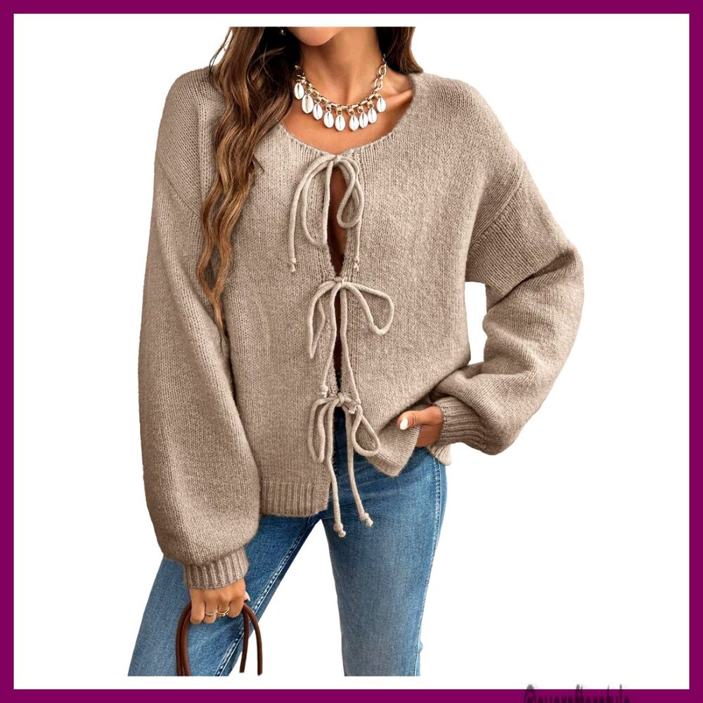 Tie Front Knit Cardigan, Drop Shoulder, Long Sleeve, Polyester, Loose Fit